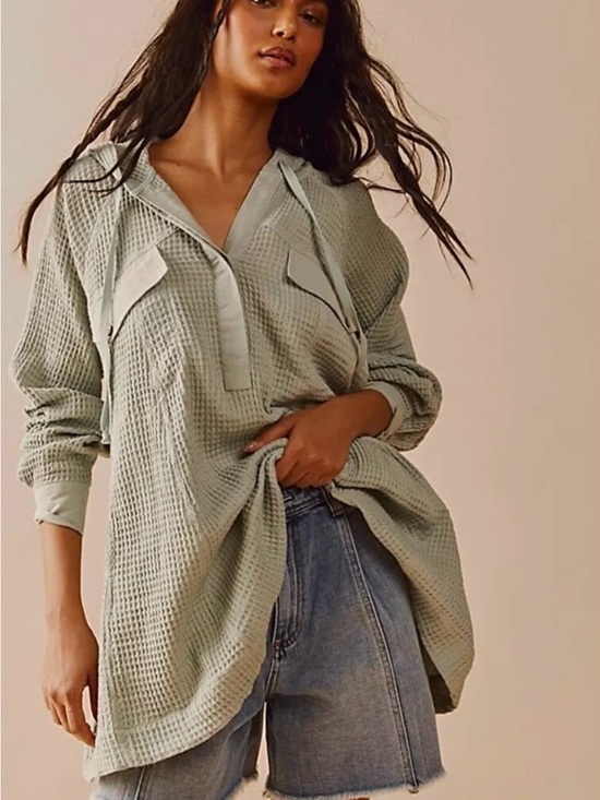 Free People Tops - Free People Waffle-Knit Hooded Tunic in Olive